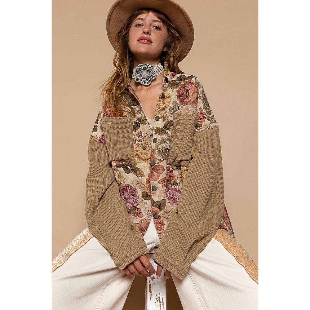 POL Latte Mocha Contrast Sleeves Button Down Floral Print Shacket